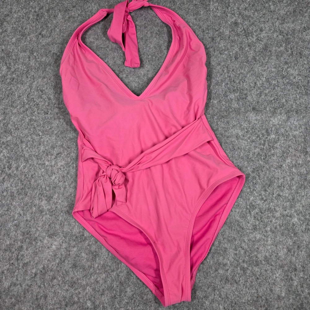 Shade & Shore One Piece Swimsuit Pink Plunge Halter Belted Tie Medium Barbiecore